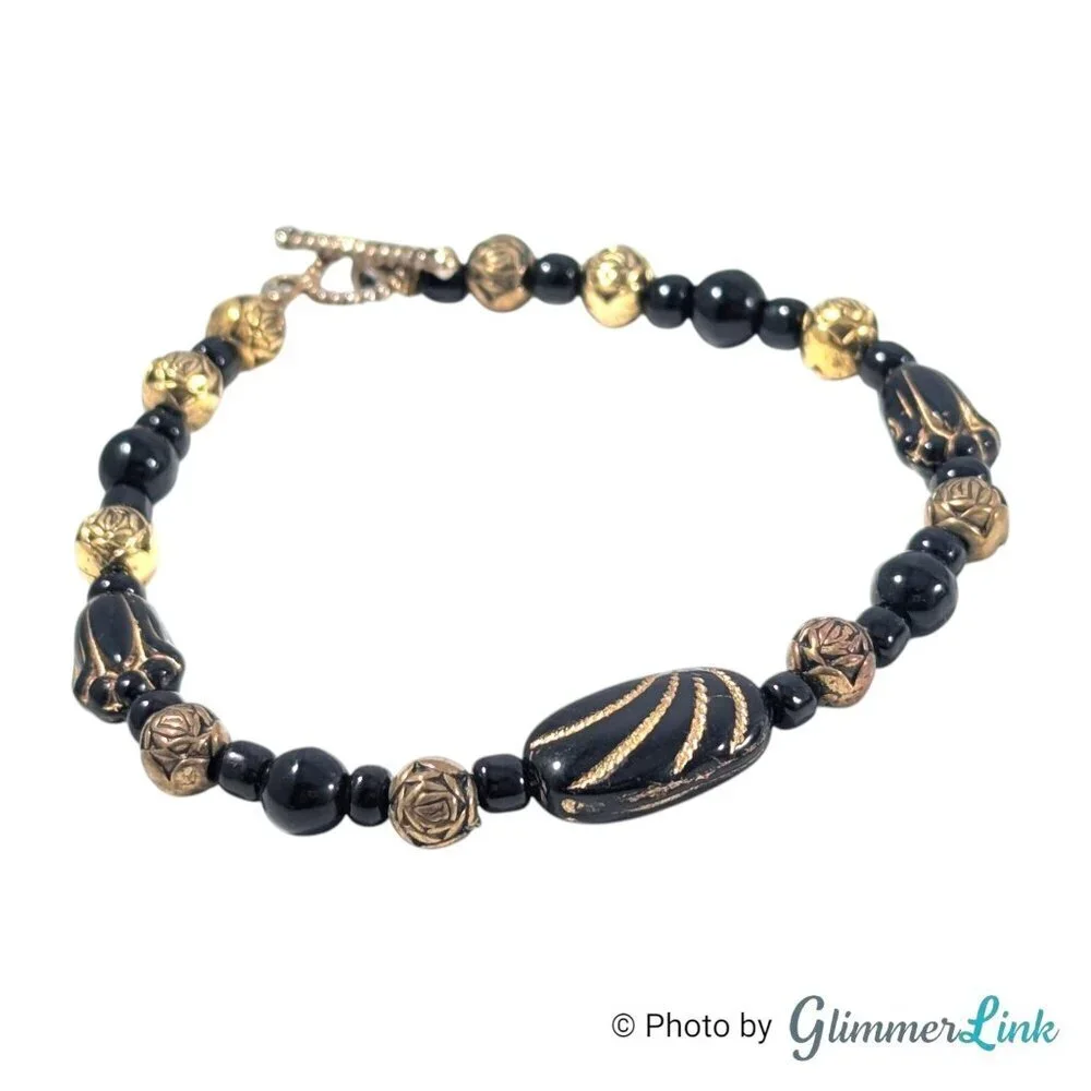 Vintage Black Gold Tone Beaded Bracelet Tulip and Rose Beads
